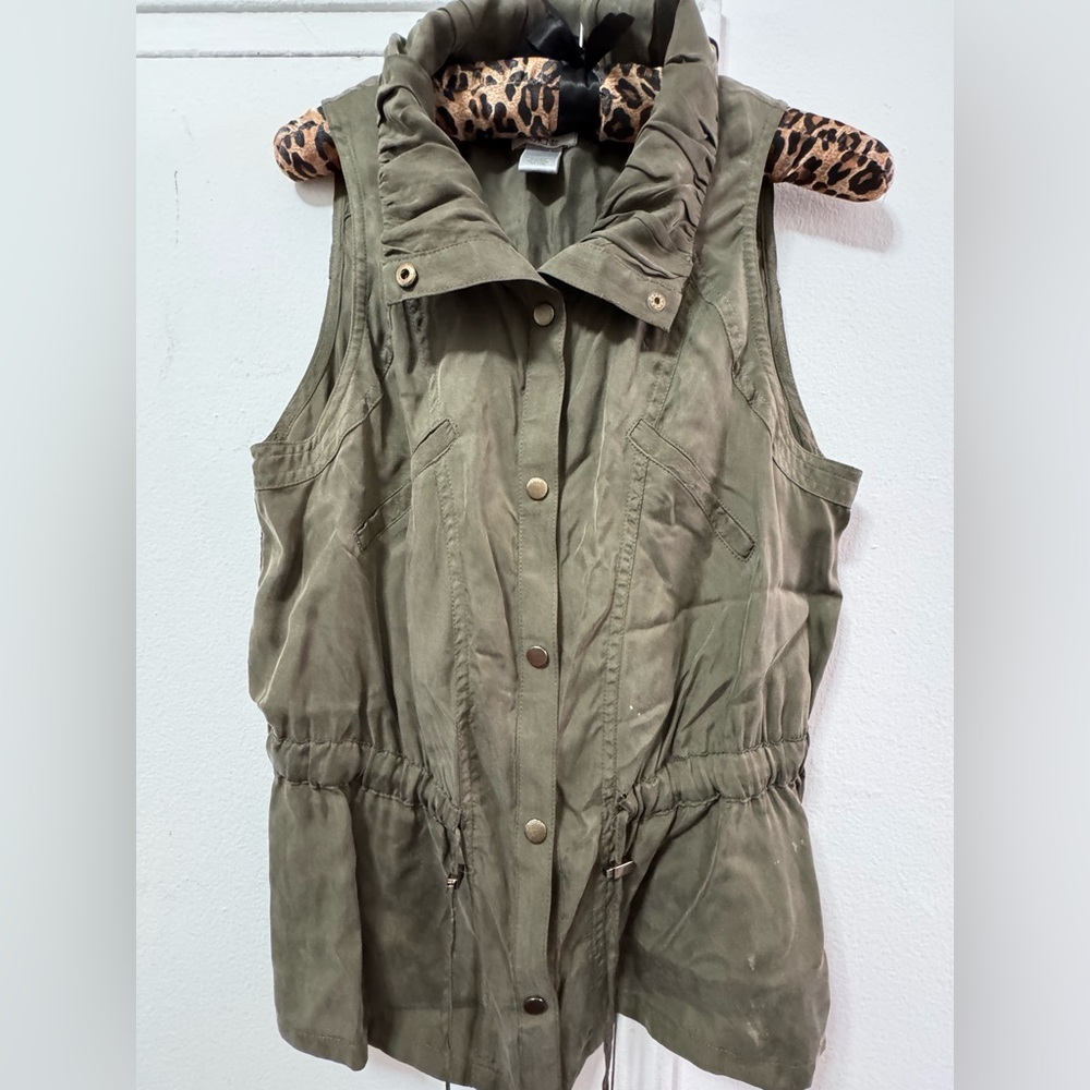 Y2K Cache Sleeveless Utility Vest Size M Khaki Green Ruched Collar